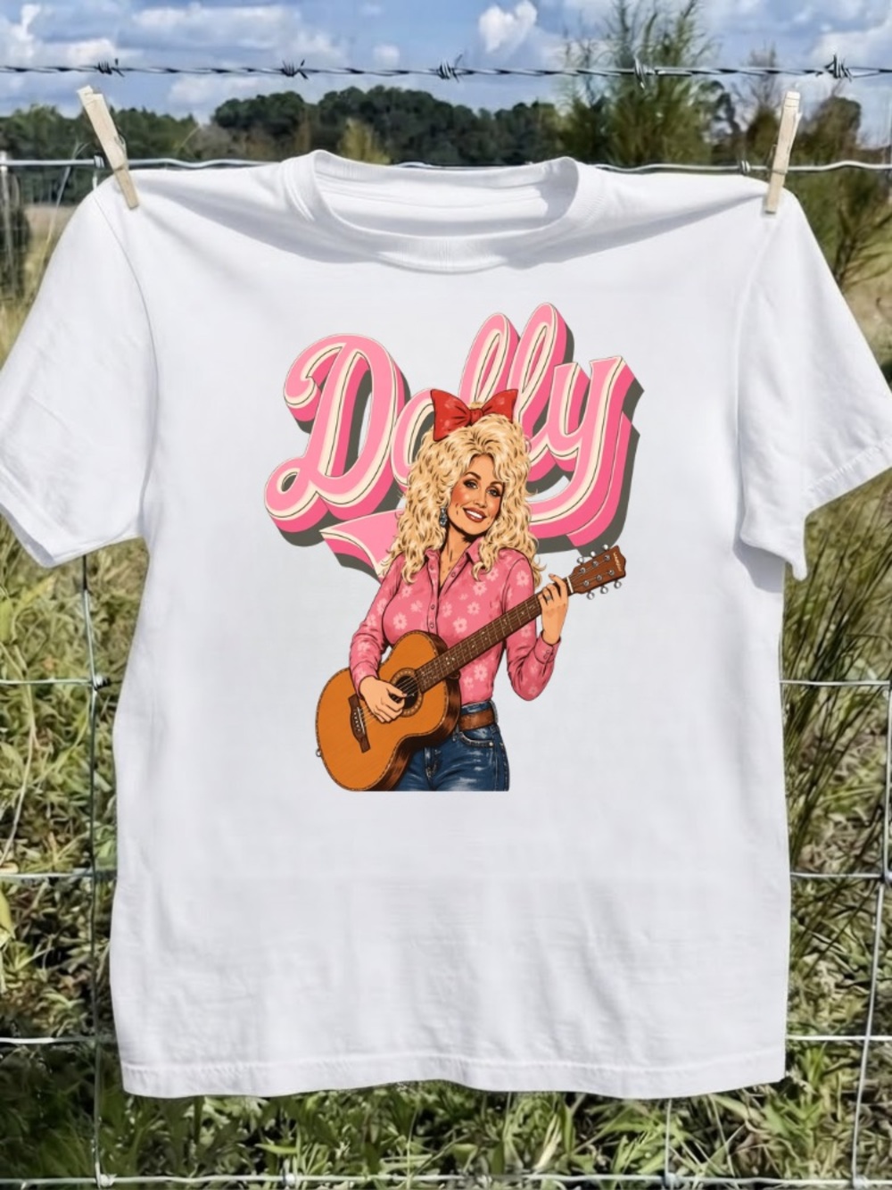 Dolly Parton Guitar Playing Red Bow Retro Pink Font Memorial Graphic T-Shirt